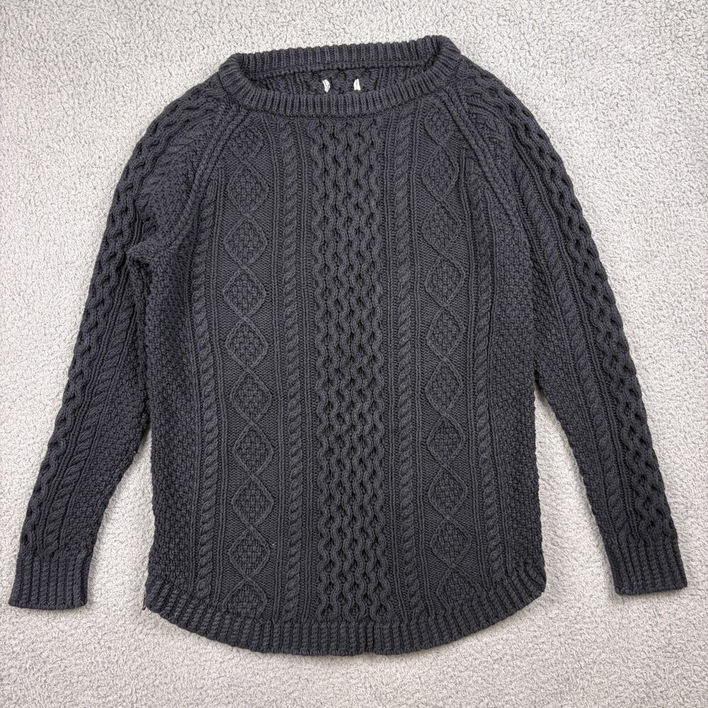 LL Bean Sweater Womens Small Black Cotton Fisherman Cable Knit Tunic Signature